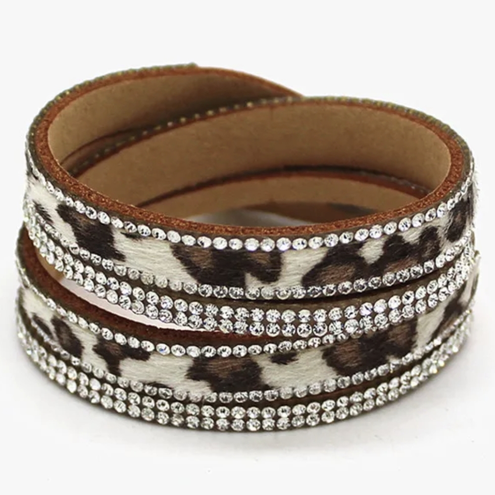 B10 Animal Print Silver Double Wrap Rhinestone Bracelet Blingy New Brown